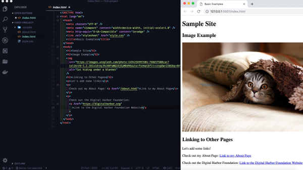 Side-by-side view of HTML code on the left and resulting page on the right